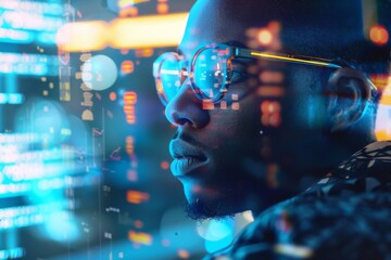 A digitally enhanced image showing a blurry figure overlaid with vibrant technology graphics and lights