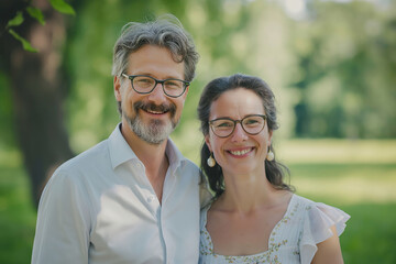 Happy couple outdoors wearing glasses and smiling, enjoying nature, green background, bright day, close-up image captured.