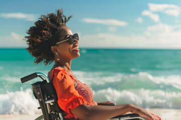 A woman in a wheelchair enjoys a beautiful day at the beach, facing the ocean