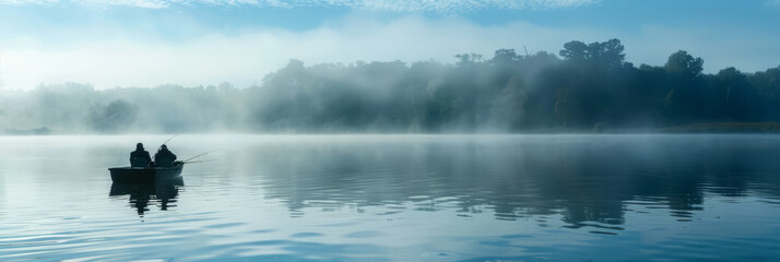 a serene morning fishing trip on a calm lake with mist rising from the water