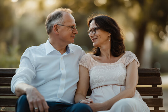 Smiling couple, dressed formally, with eyeglasses, outdoors, sitting closely, gazing eyes, warm environment, greenery background