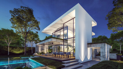 Fototapeta premium 3d rendering of flat roof house with parking and pool for sale or rent with concrete facade and beautiful landscaping. Clear summer night with many stars on the sky