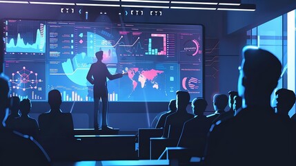 Startup founder presenting a high-tech pitch deck to investors on a holographic screen. dynamic graphs, harts, infographics, company startup concept.
