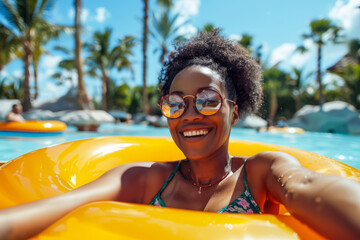 A joyful woman wearing sunglasses and a swimsuit relaxes on an inflatable float in a tropical pool under sunny skies.