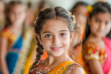 Fototapeta premium A young girl smiling brightly in festive traditional Indian attire, surrounded by other children in colorful costumes during a cultural celebration.