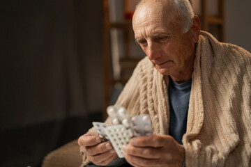 An elderly man takes flu pills. in his hands are blisters of tablets