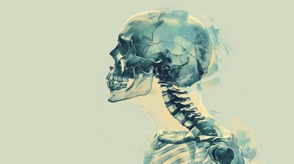 Abstract digital artwork of a human skull and spine in profile view, blending anatomical detail with artistic interpretation on a muted background.