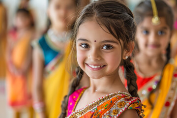 A young girl smiling in a colorful traditional Indian dress, surrounded by other children in similar festive attire during a cultural celebration.