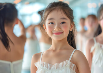 A young girl smiling brightly in a ballet class, surrounded by other children in white ballet outfits, enjoying their dance practice.