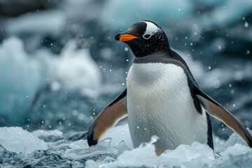 Fototapeta premium A penguin emerges from the cold sea, flippers spread, with a backdrop of icy water textures