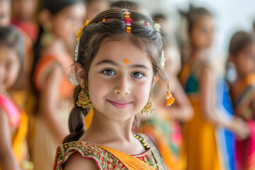 Fototapeta premium A young girl smiling in a vibrant traditional Indian dress, participating in a dance class with other children in similar festive attire, celebrating cultural heritage.