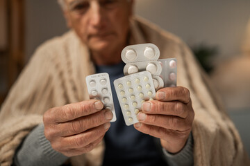 Unhealthy man holds medicine in his hands. sick senior holds pills in his hand. Close-up of man's...