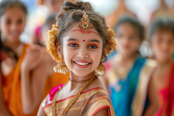 Fototapeta premium A young girl smiling in an ornate traditional Indian dance costume, surrounded by other children in colorful attire during a cultural celebration.