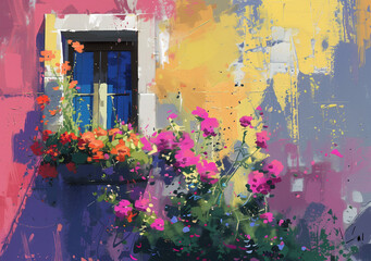 window with flowers painting, art