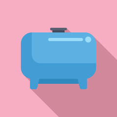 Flat design vector illustration of a modern blue toaster with a soft shadow, set against a pastel pink backdrop