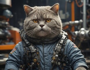 A cat in a mechanical engineer outfit with a professional pose, set against a backdrop of industrial equipment.