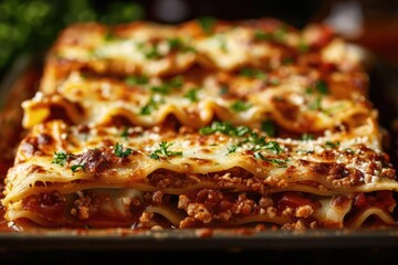 Delicious Italian lasagna with layers of pasta, meat, cheese, and sauce, garnished with parsley, perfect for a hearty meal.