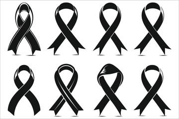 Cancer ribbon silhouettes set vector, Black silhouettes of Cancer ribbon, Breast cancer awareness, Set of black ribbon silhouettes, Black awareness ribbon 