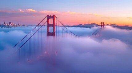 Obraz premium Golden Gate at dawn surrounded by fog