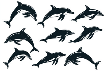 Obraz premium Set of black silhouette of dolphin, Silhouettes of fish, Dolphin jump from the water, Black silhouettes of dolphin, Dolphin, Element, Ocean, Jumping, Animal, Abstract, Aquarium, Fish, Illustration
