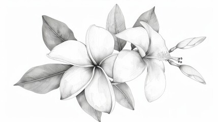 Beautiful black and white illustration of plumeria flowers with leaves. Elegant floral artwork for print and decor.