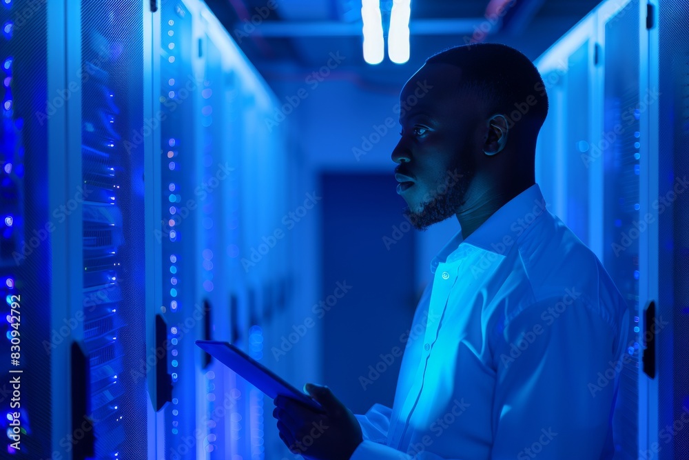 Poster professional technician with obscured face using a tablet while examining server racks in a data cen