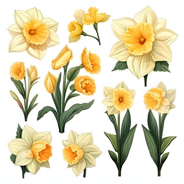 set of Daffodil, plants, leaves and flowers. illustrations of beautiful realistic flowers for background, pattern or wedding invitations