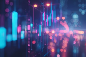 Abstract image of glowing financial charts and graphs with futuristic blue and pink lights