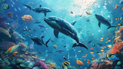 Fototapeta premium Animals of the underwater sea world. Ecosystem. Colorful tropical fish. Life in the coral reef