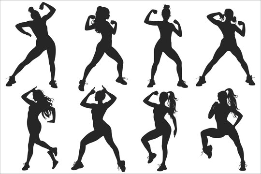 Woman exercising silhouettes set, woman gym exercises silhouettes, Female yoga silhouettes set, Various woman sports exercising silhouettes, Fitness silhouettes,  Fitness exercise silhouettes