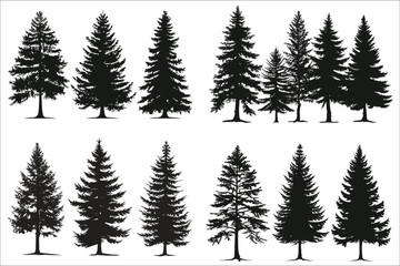 Obraz premium Christmas trees silhouettes, Christmas trees pictogram set, Pine tree silhouette, Silhouette of pine trees, Forest fir trees, Forest, Pine, Tree, Nature, Pine tree, Christmas tree, Decorated tree