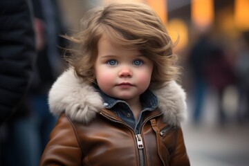 A young child wearing a brown jacket and a fur-lined hood