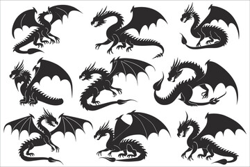 Naklejka premium Set of Chinese dragon silhouette, Chinese dragon vector, Black dragon, Dragon silhouettes, Vector dragon tattoo, Black dragons tattoo, Set of dragon silhouettes vector, Medieval black dragons animals