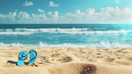 Obraz premium Flip-flops half-buried in sandy beach with a distant view of the rolling ocean waves. Ideal for travel and vacation concept.
