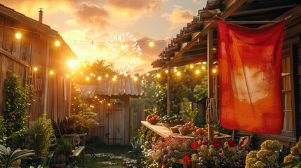 Naklejka premium Festive Outdoor Dinner with Fireworks 