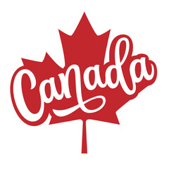 Canada. Hand lettering text in a maple leaf shape on white background. Vector typography for independence day decorapions, posters, banners, cards