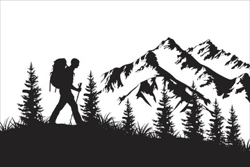 Man climbing mountains silhouettes, Silhouettes of mountains, Silhouettes of people hiking in mountains, Silhouette of a man with a backpack in the mountains, Silhouette of a men and mountain