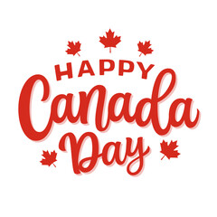Happy Canada day. Hand lettering text with maple leaves on white background. Vector typography for independence day decorapions, posters, banners, cards