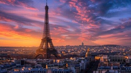 Obraz premium A breathtaking view of the Eiffel Tower at sunset, with vibrant colors in the sky and Parisian buildings below, with copy space.