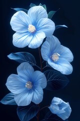 Three Blue Flowers With Green Leaves on a Black Background