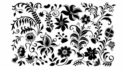 Black and white floral pattern with various intricate designs, perfect for backgrounds or textile design elements.