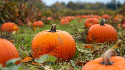 Fototapeta premium A picturesque pumpkin patch ready for harvest, with bright orange pumpkins scattered across the field and autumn foliage, with copy space.