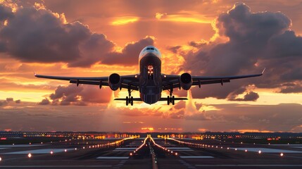 A sleek modern airplane taking off against a dramatic sunset sky, with clouds and runway lights visible, with copy space.