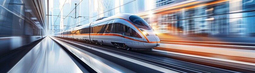 Obraz premium A futuristic high-speed train traveling through a modern urban landscape, with sleek buildings and dynamic motion blur, with copy space.