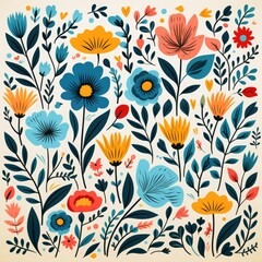 Vibrant floral pattern with blue, yellow, pink and red flowers on a beige background.