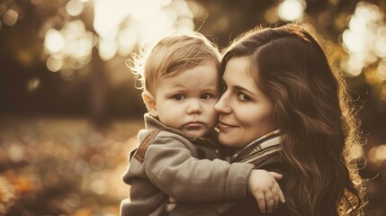 Obraz premium Joyful young mother embracing her toddler son in a park in a toned photograph