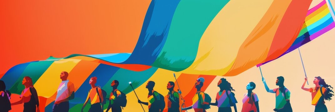 People holding up a giant rainbow flag - A large group united, holding up an expansive rainbow flag in an outdoor celebration or protest event