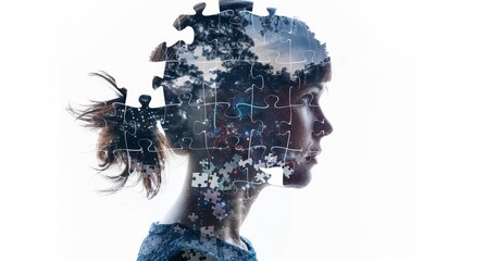 Colorful puzzle pieces forming head in profile - A profile view of a colorful puzzle head with a dynamic hair motion, depicting creative thinking and diversity