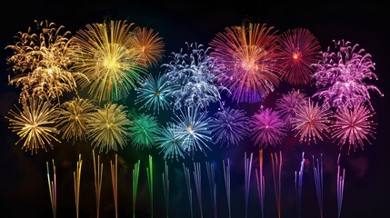 Colorful fireworks display against night sky - A vibrant and expansive display of fireworks lighting up the dark sky with various patterns and colors