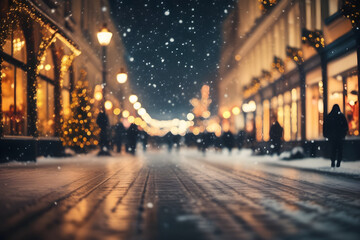 A mesmerizing scene captures the festive ambiance of a snowfall-laden city street, adorned with twinkling Christmas lights and bustling shoppers in the background.